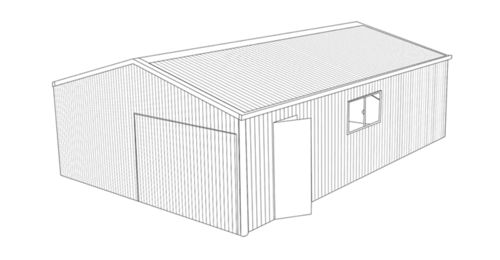 Line drawing of a gable roof shed structure.